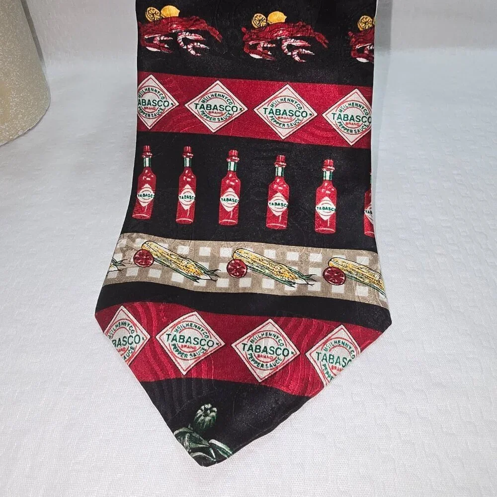 TABASCO 100% SILK TIE WHIMSICAL BLACK RED GOLD MENS EXCELLENT CONDITION